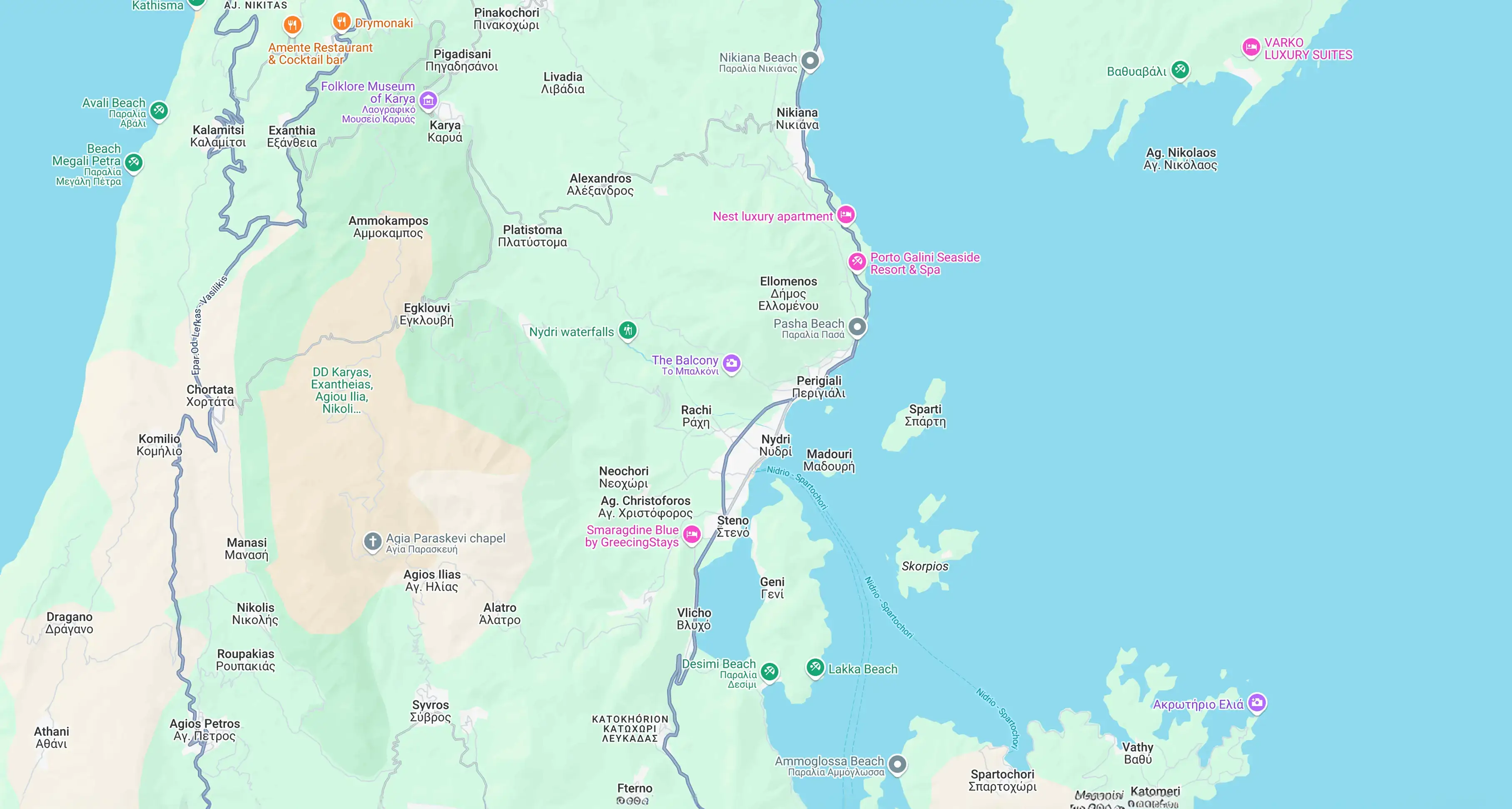 Map showing 180 Villas location in Perigiali Nidri, Lefkada
